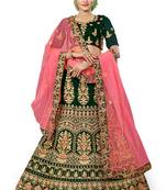 Green embroidered velvet semi stitched lehenga