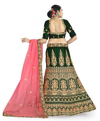 Green embroidered velvet semi stitched lehenga 2