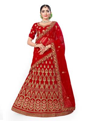Red embroidered velvet semi stitched lehenga 1