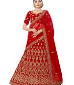 Red embroidered velvet semi stitched lehenga
