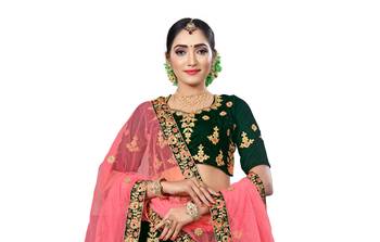 Green embroidered velvet semi stitched lehenga 3