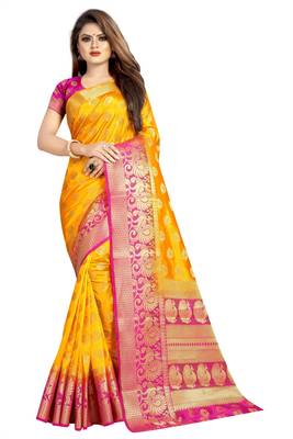 yellow woven art silk saree with blouse 1