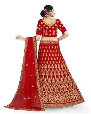 Red embroidered velvet semi stitched lehenga 2