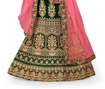 Green embroidered velvet semi stitched lehenga 4