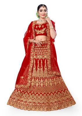 Red embroidered velvet semi stitched lehenga 1
