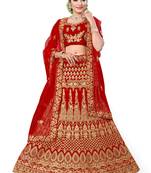 Red embroidered velvet semi stitched lehenga