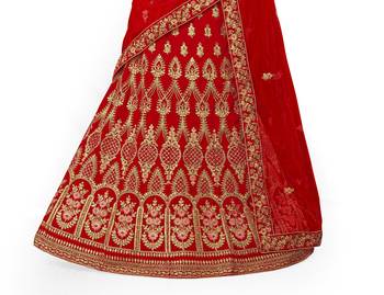 Red embroidered velvet semi stitched lehenga 4