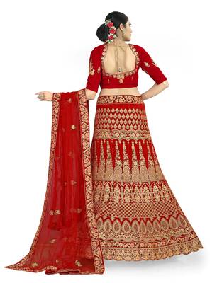 Red embroidered velvet semi stitched lehenga 2
