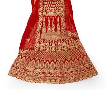 Red embroidered velvet semi stitched lehenga 4
