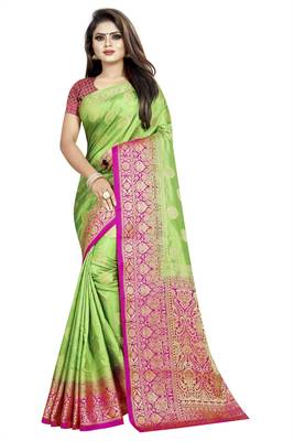 green woven art silk saree with blouse 1