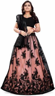 Black embroidered net semi stitched lehenga 1