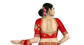 Red embroidered satin semi stitched lehenga 4