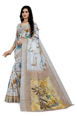 Beige Printed Linen Saree With Blouse 1