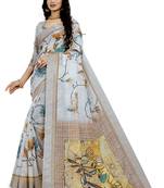 Beige Printed Linen Saree With Blouse