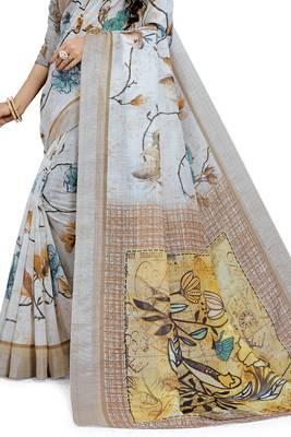 Beige Printed Linen Saree With Blouse 2