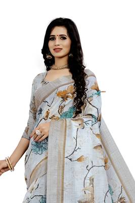 Beige Printed Linen Saree With Blouse 3