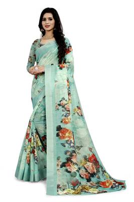 Sea Green Printed Linen Saree With Blouse 1