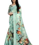 Sea Green Printed Linen Saree With Blouse