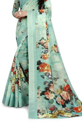 Sea Green Printed Linen Saree With Blouse 2