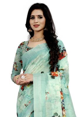 Sea Green Printed Linen Saree With Blouse 3