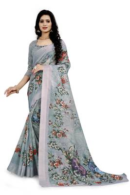Grey Printed Linen Saree With Blouse 1