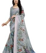 Grey Printed Linen Saree With Blouse