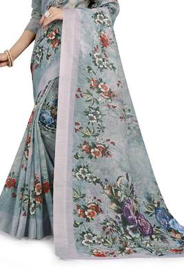 Grey Printed Linen Saree With Blouse 2