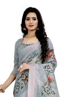 Grey Printed Linen Saree With Blouse 3