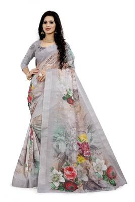 Multicolor Printed Linen Saree With Blouse 1