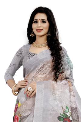 Multicolor Printed Linen Saree With Blouse 3