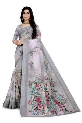Grey Printed Linen Saree With Blouse 1