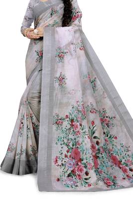 Grey Printed Linen Saree With Blouse 2