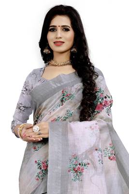 Grey Printed Linen Saree With Blouse 3