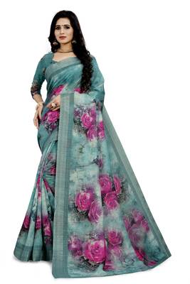 Blue Printed Linen Saree With Blouse 1