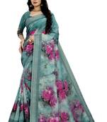 Blue Printed Linen Saree With Blouse