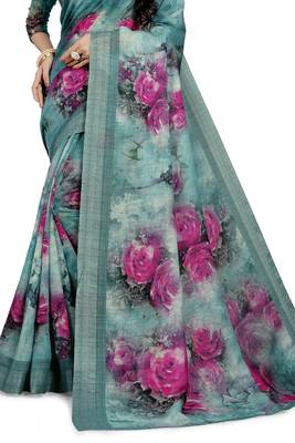 Blue Printed Linen Saree With Blouse 2