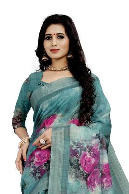 Blue Printed Linen Saree With Blouse 3