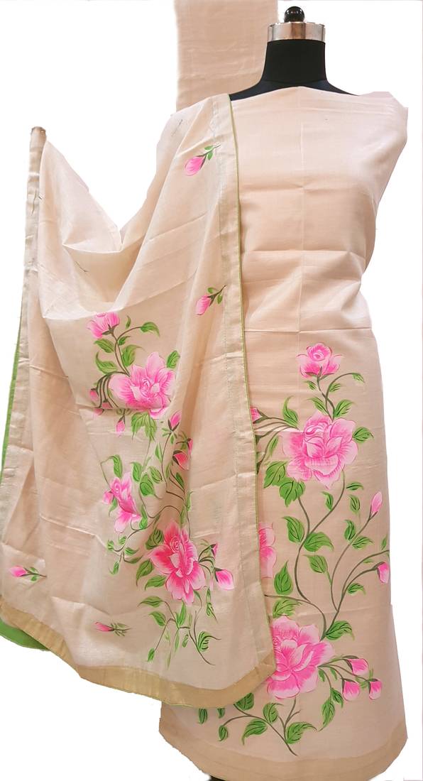 Cream HandPainted Woolen Suit Fabric - Suroh by Chandni - 3211701
