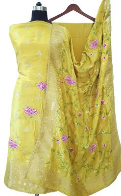 Mustard Yellow Silk Zari Woven Reshamwork Suit Fabric 1