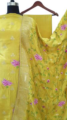 Mustard Yellow Silk Zari Woven Reshamwork Suit Fabric 2