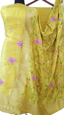 Mustard Yellow Silk Zari Woven Reshamwork Suit Fabric 3