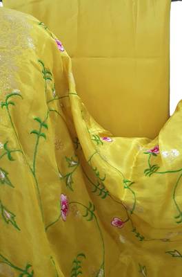 Mustard Yellow Silk Zari Woven Reshamwork Suit Fabric 5
