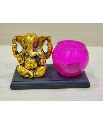 Golden Oxidized Ganesha With Designer Glass Tealight Holder On Wooden Stand - Pink 1