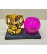 Golden Oxidized Ganesha With Designer Glass Tealight Holder On Wooden Stand - Pink