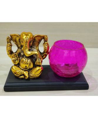 Golden Oxidized Ganesha With Designer Glass Tealight Holder On Wooden Stand - Pink 2