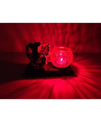 Golden Oxidized Ganesha With Designer Glass Tealight Holder On Wooden Stand - Pink 3