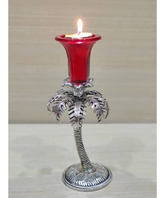 Silver Oxidized White Metal Red Color Single Candle Holder 1