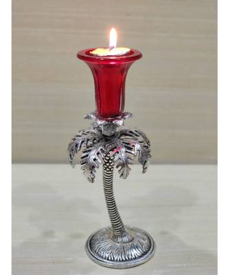 Silver Oxidized White Metal Red Color Single Candle Holder 2