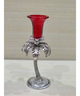 Silver Oxidized White Metal Red Color Single Candle Holder 3