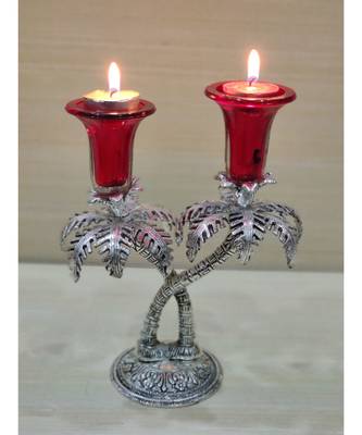 Silver Oxidized White Metal Red Color Double Candle Holder 1